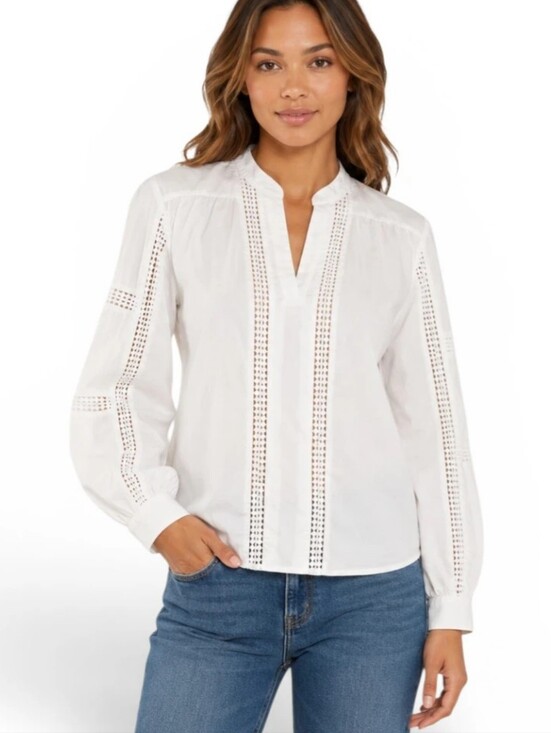 White House Black Market Tops - White House Black Market White Eyelet Trim Blouse Medium
